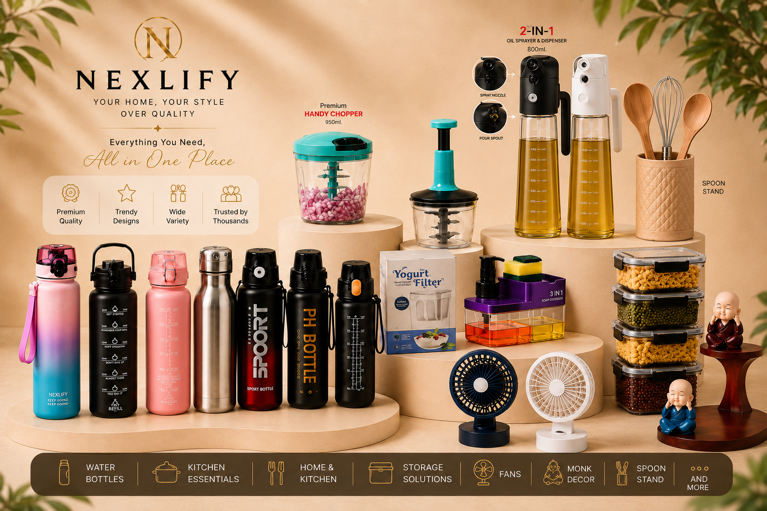 NEXLIFY lifestyle collection featuring water bottles, décor, gifts and home essentials